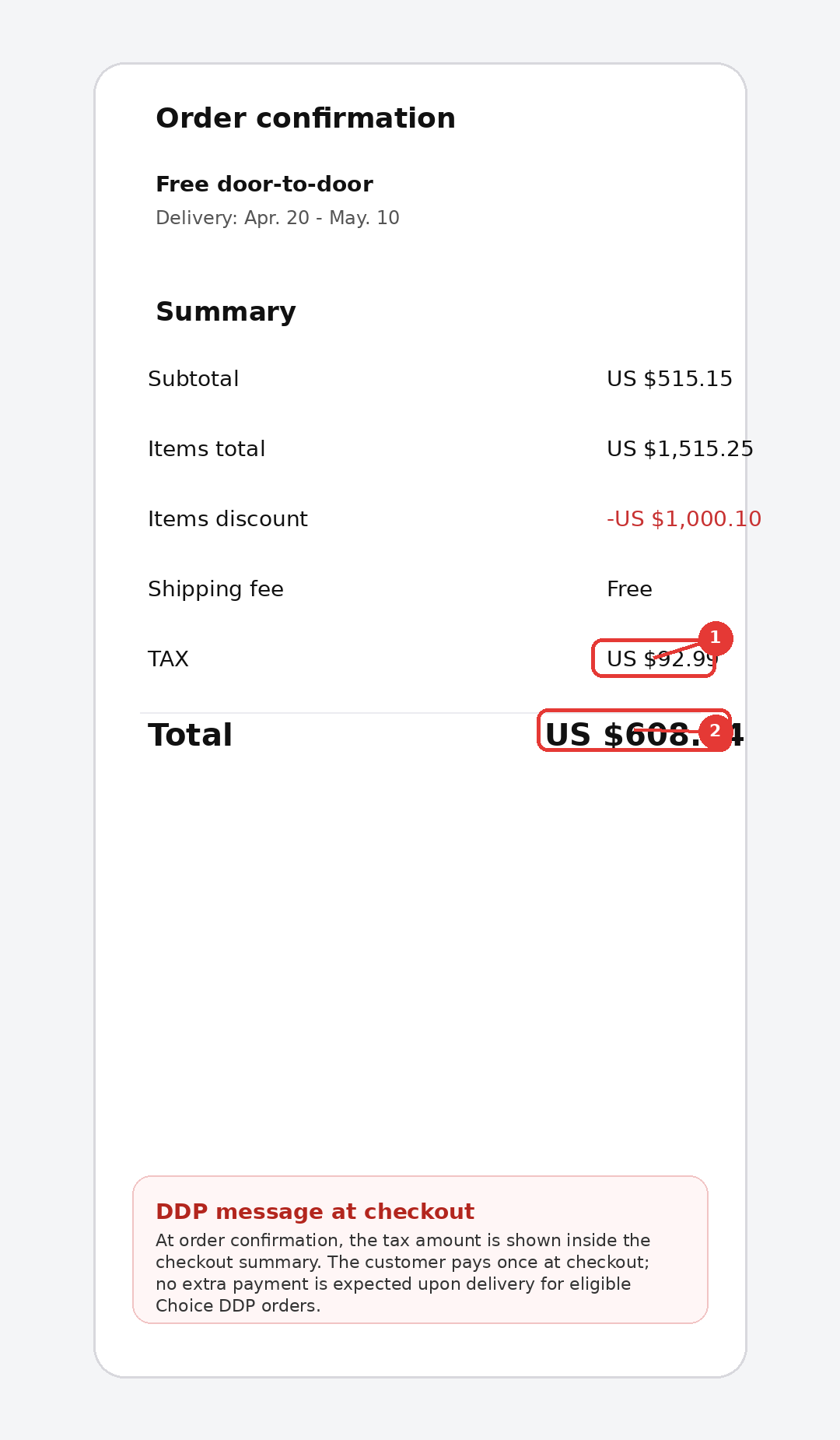 Checkout page with DDP total